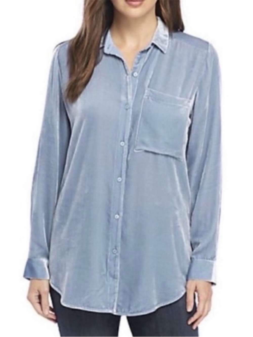 Eileen Fisher Light Blue Button Down Velvet Long Sleeve Shirt Sz S